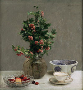 Still Life with Vase of Hawthorn, Bowl of Cherries, Japanese Bowl, and Cup and Saucer